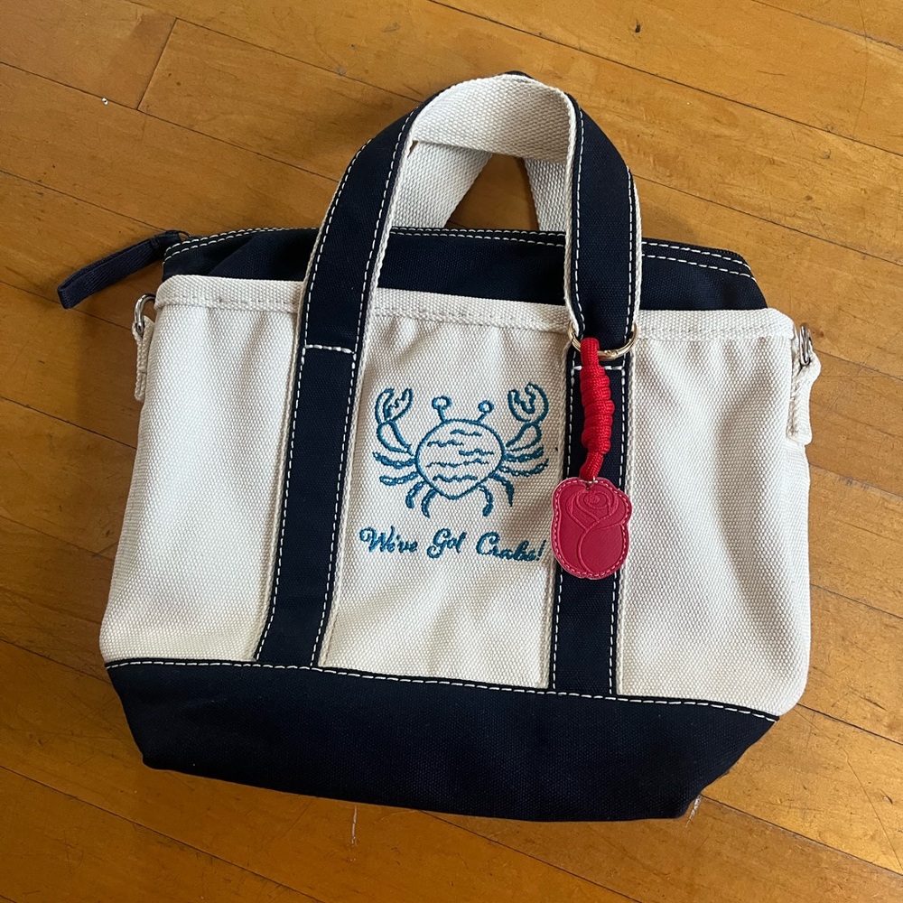 Lands' End NavyCream embroidered small canvas Tote Bag with rose bag charm BNWOT